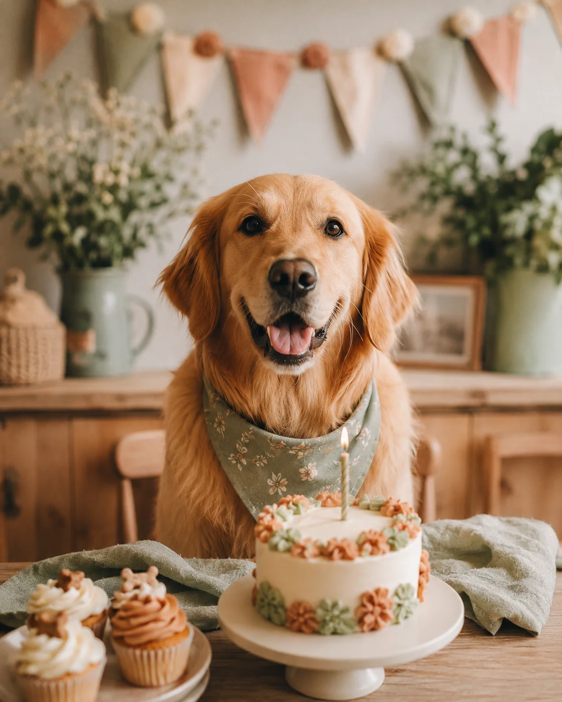 Cão ao lado de um bolo de aniversário caseiro para cães